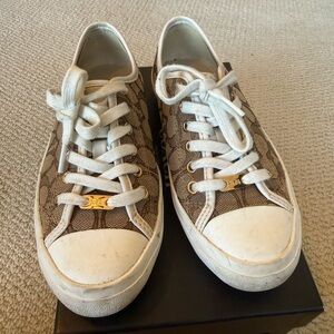 Coach Monogram Low-Top Sneakers in Brown and White with Gold Accent